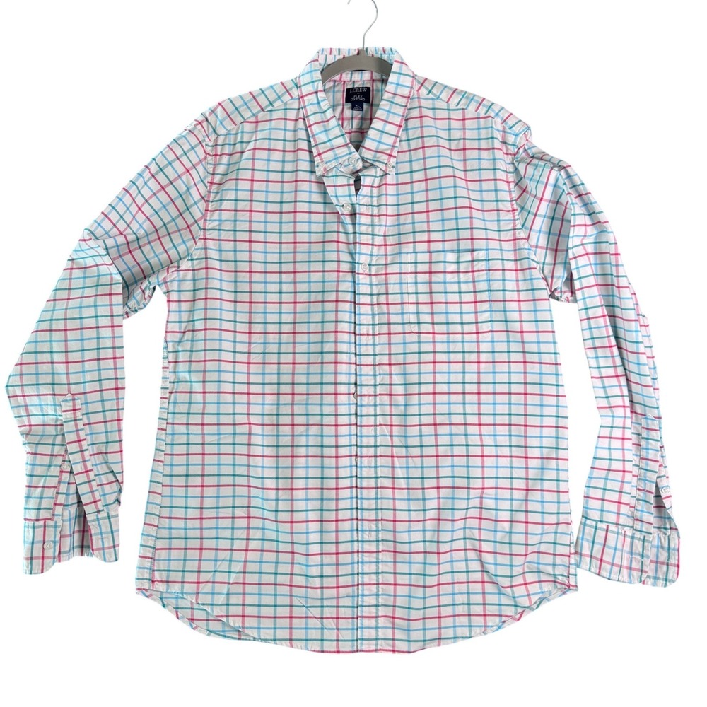 J.Crew Flex Oxford Shirt Mens XL Blue Pink Green Tattersall Check Button Down